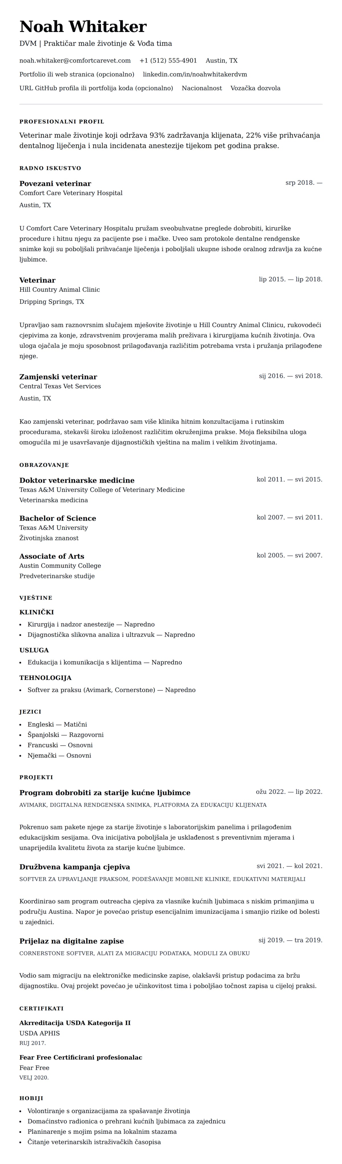 Pregled životopisa za Primjer životopisa veterinara