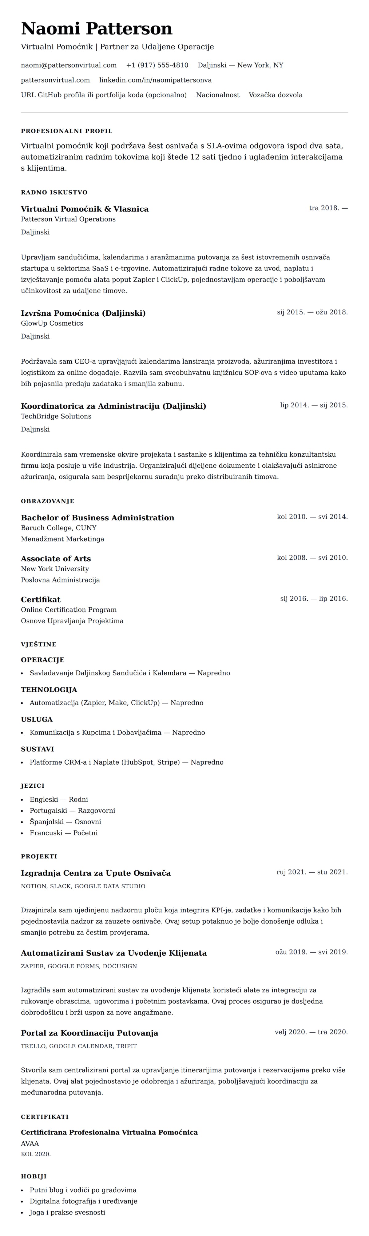 Pregled životopisa za Primjer Resumija za Virtualnog Pomoćnika