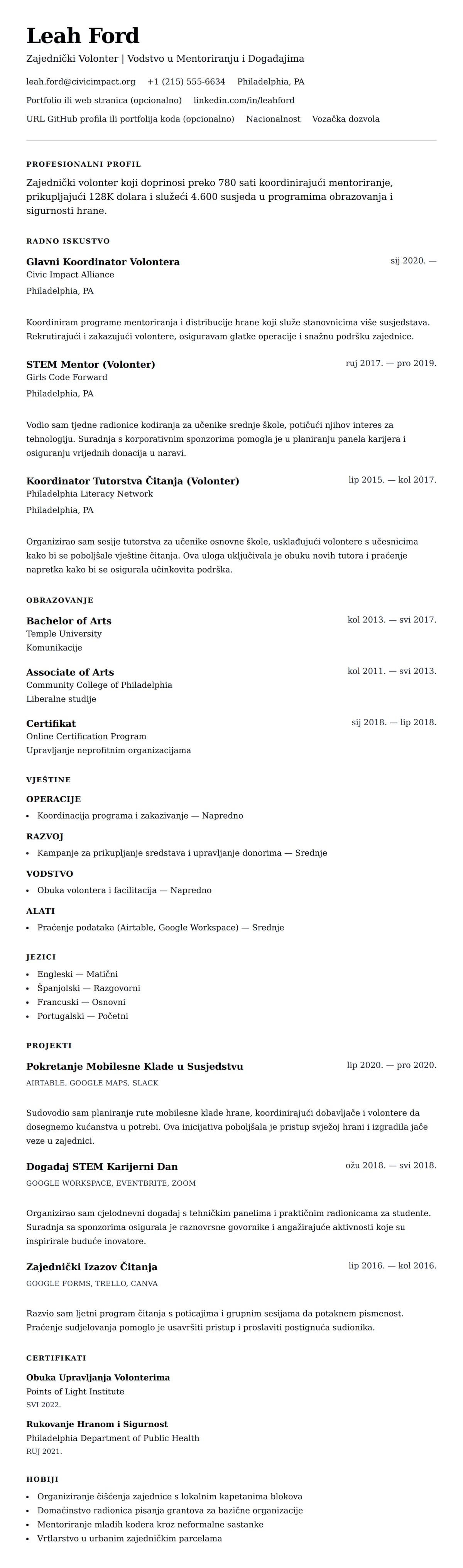 Pregled životopisa za Primjer Volonterskog Životopisa