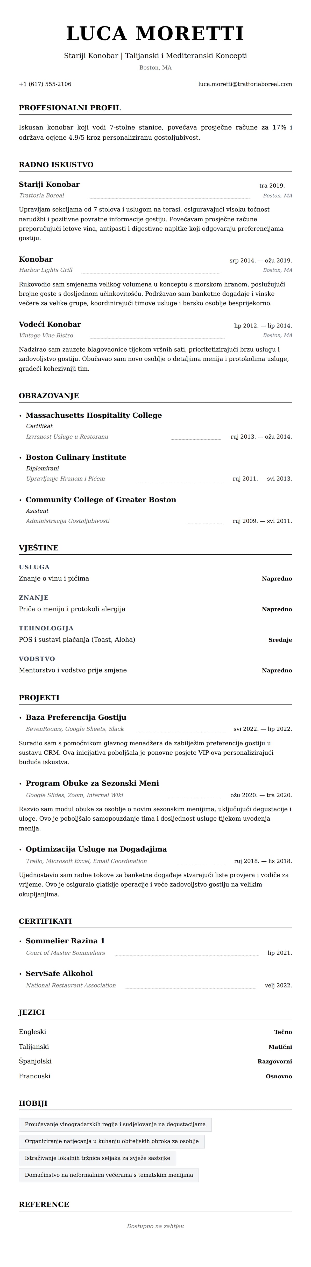 Pregled životopisa za Primjer Životopisa za Konobara