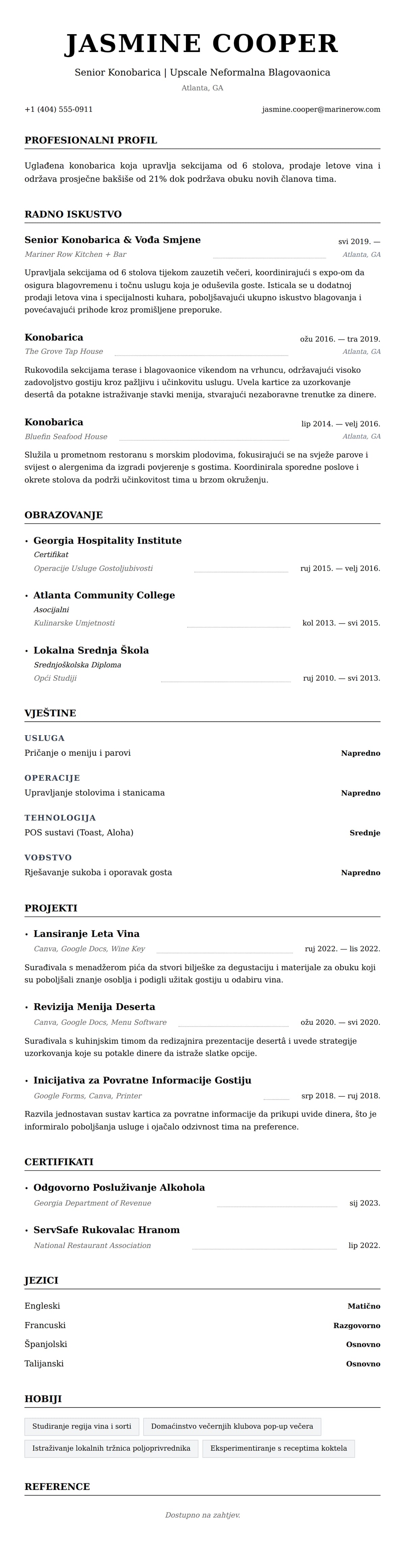 Pregled životopisa za Primjer Životopisa Konobarice