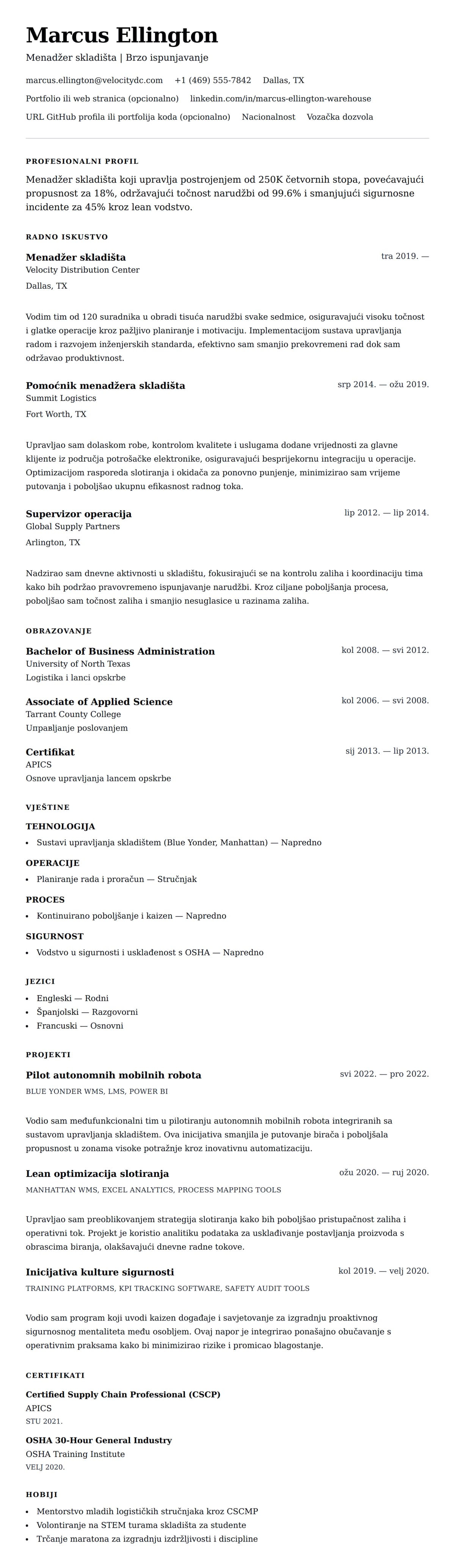 Pregled životopisa za Primjer životopisa za menadžera skladišta