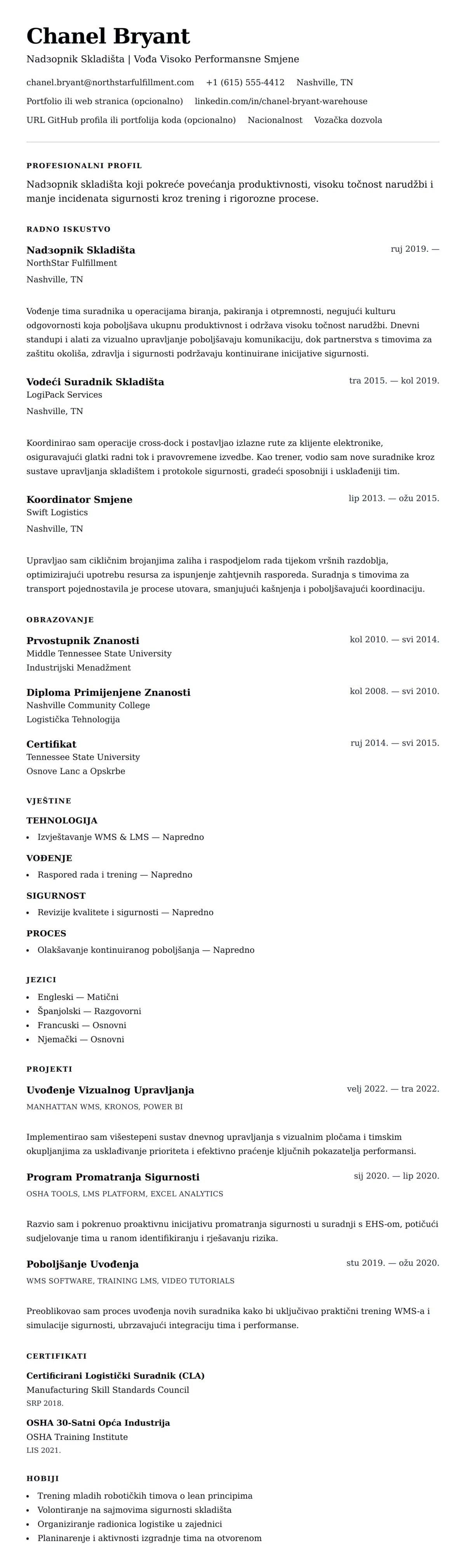 Pregled životopisa za Primjer Resumija Nadзорnika Skladišta