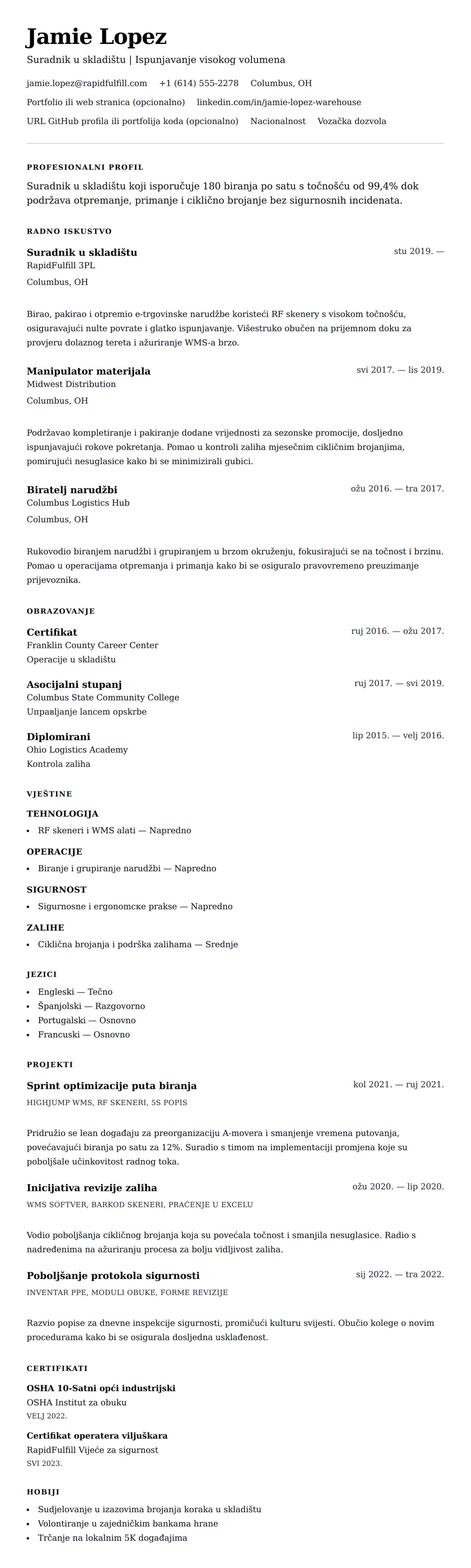 Pregled životopisa za Primjer životopisa radnika u skladištu