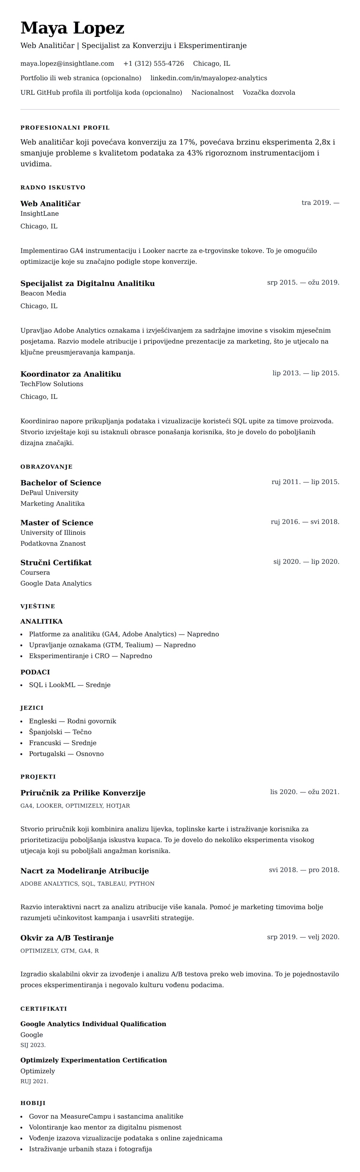 Pregled životopisa za Primjer Životopisa Web Analitičara