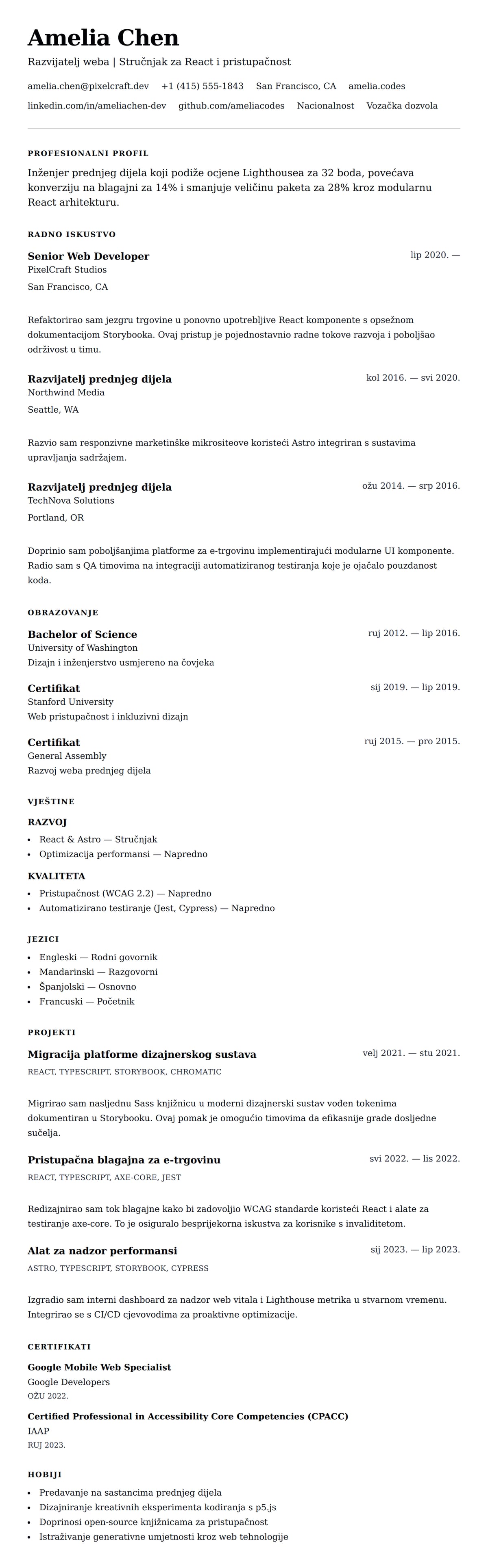 Pregled životopisa za Primjer životopisa za razvijatelja weba