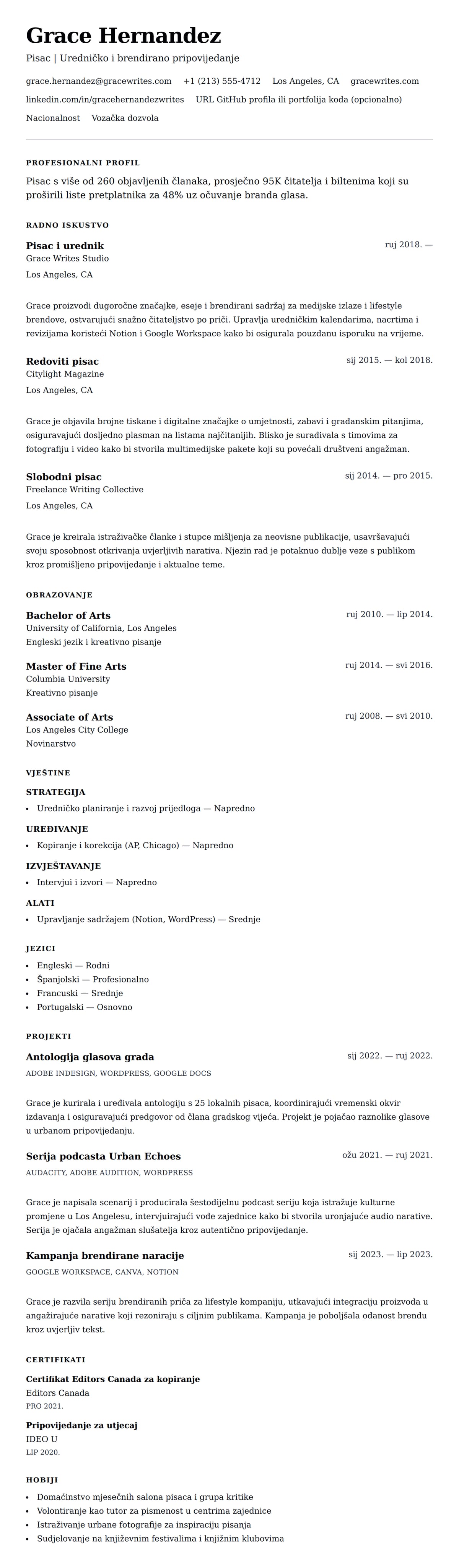 Pregled životopisa za Primjer životopisa pisca