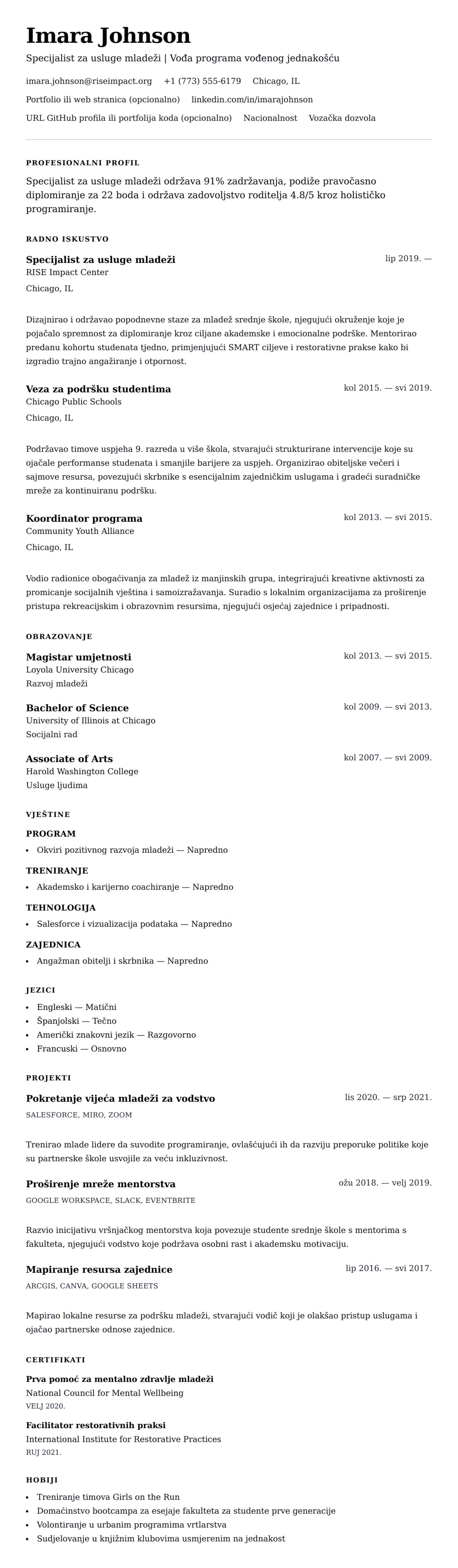 Pregled životopisa za Primjer rezimea specijalista za usluge mladeži