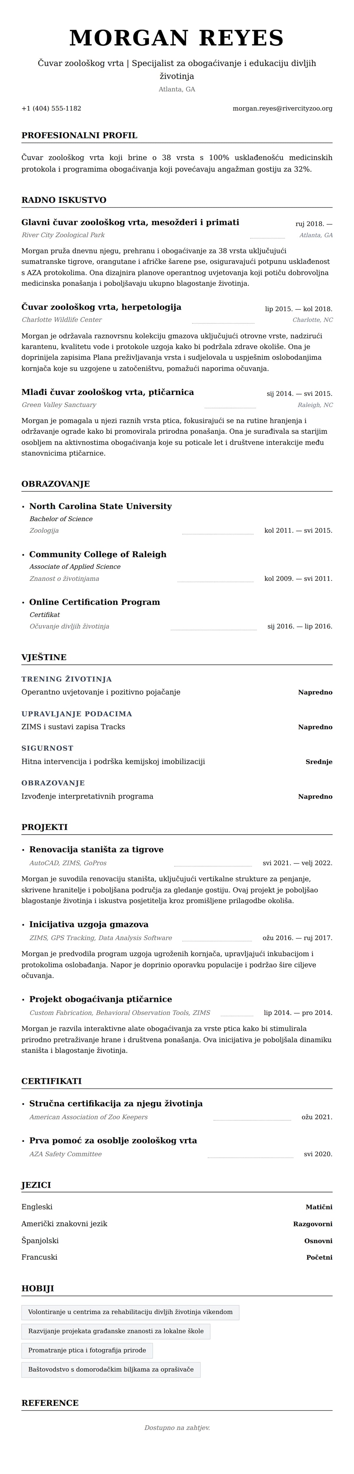 Pregled životopisa za Primjer životopisa čuvarke zoološkog vrta