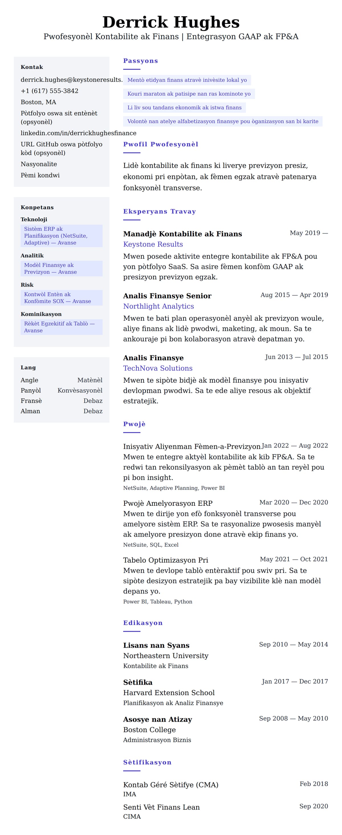 Premye gade rezime pou Egzanp Rezime Pwofesyonèl Kontabilite ak Finans