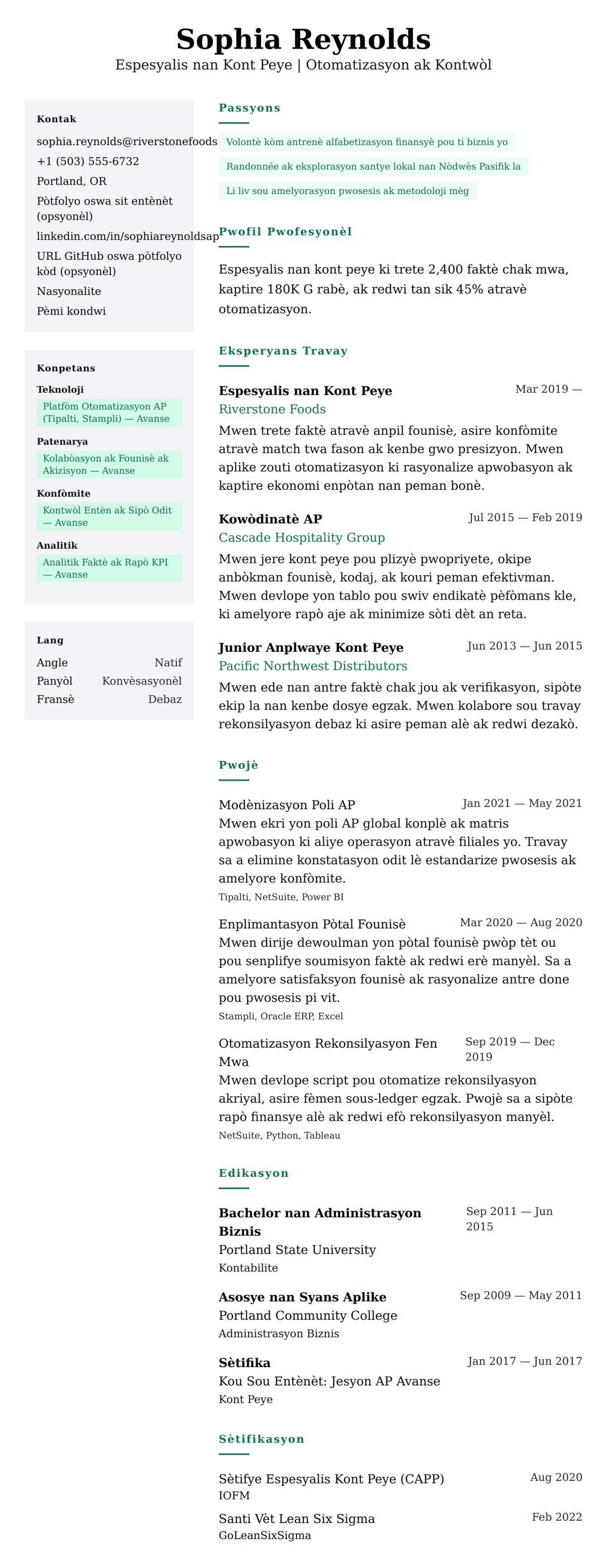 Premye gade rezime pou Egzanp Rezime pou Espesyalis nan Kont Peye