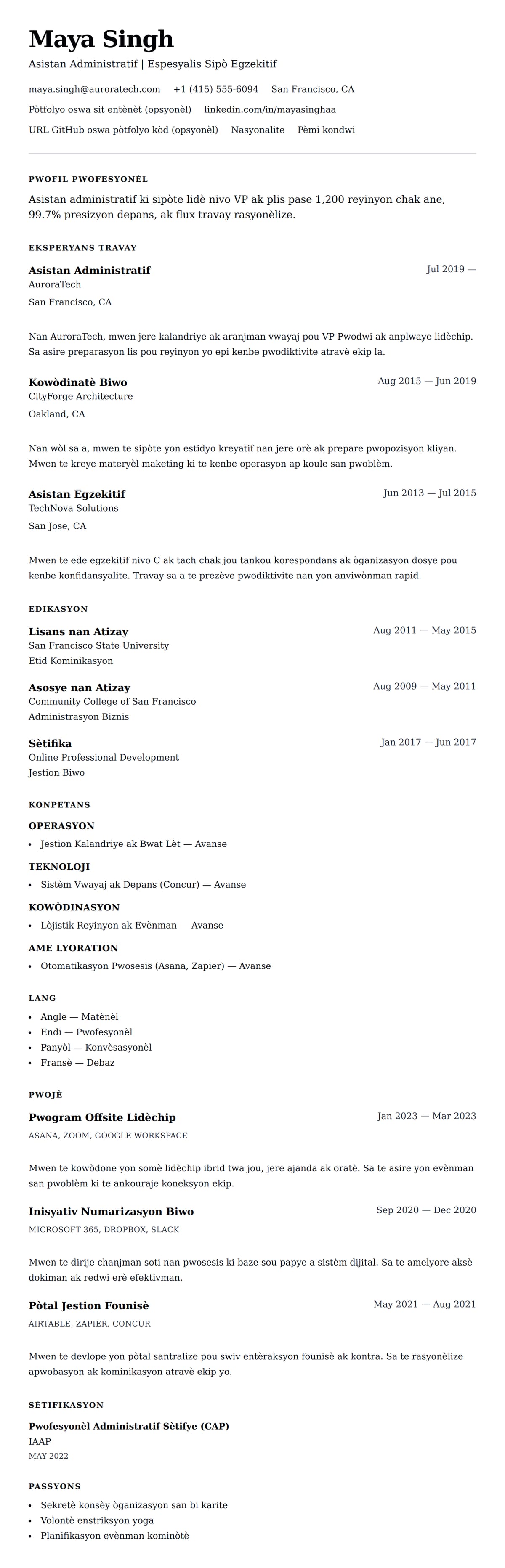 Premye gade rezime pou Egzanp Rezime Asistan Administratif