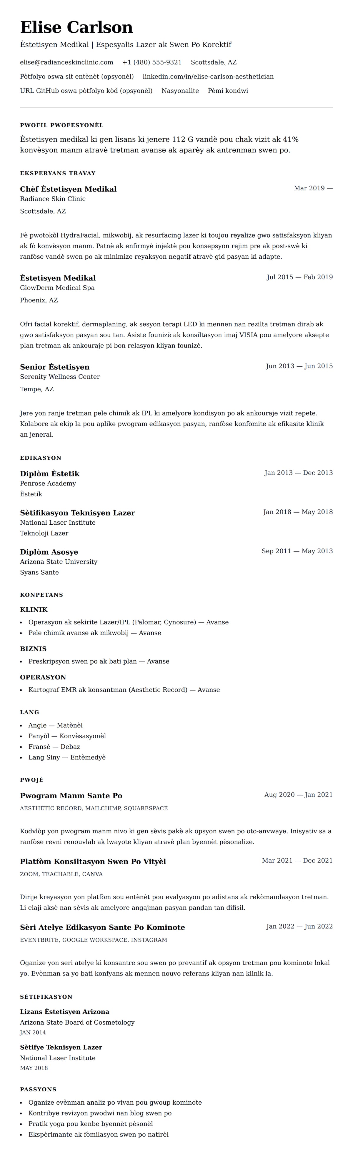 Premye gade rezime pou Egzanp Rezime Èstetisyen Medikal