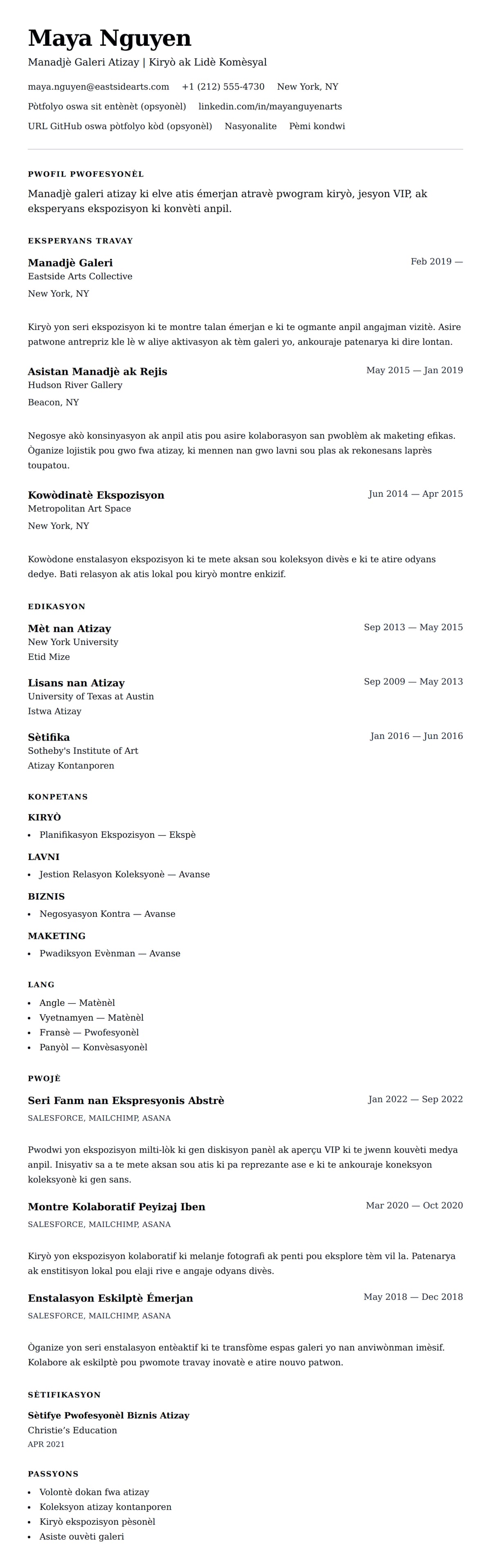 Premye gade rezime pou Egzanp Rezime pou Manadjè Galeri Atizay