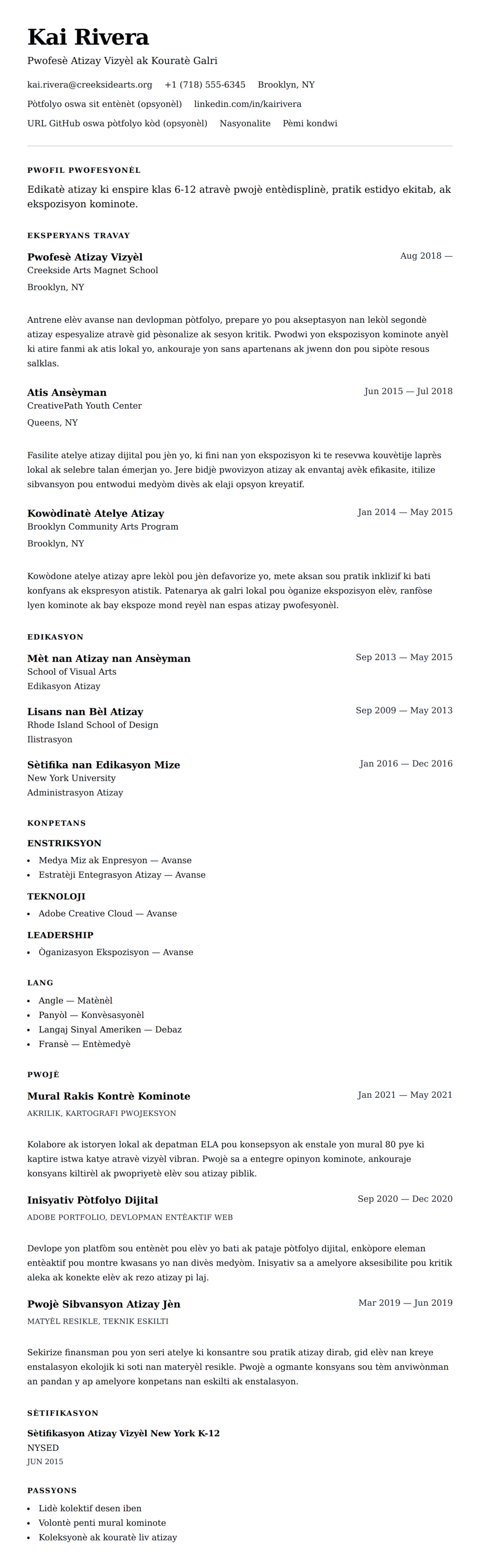 Premye gade rezime pou Egzanp Rezime Pwofesè Atizay