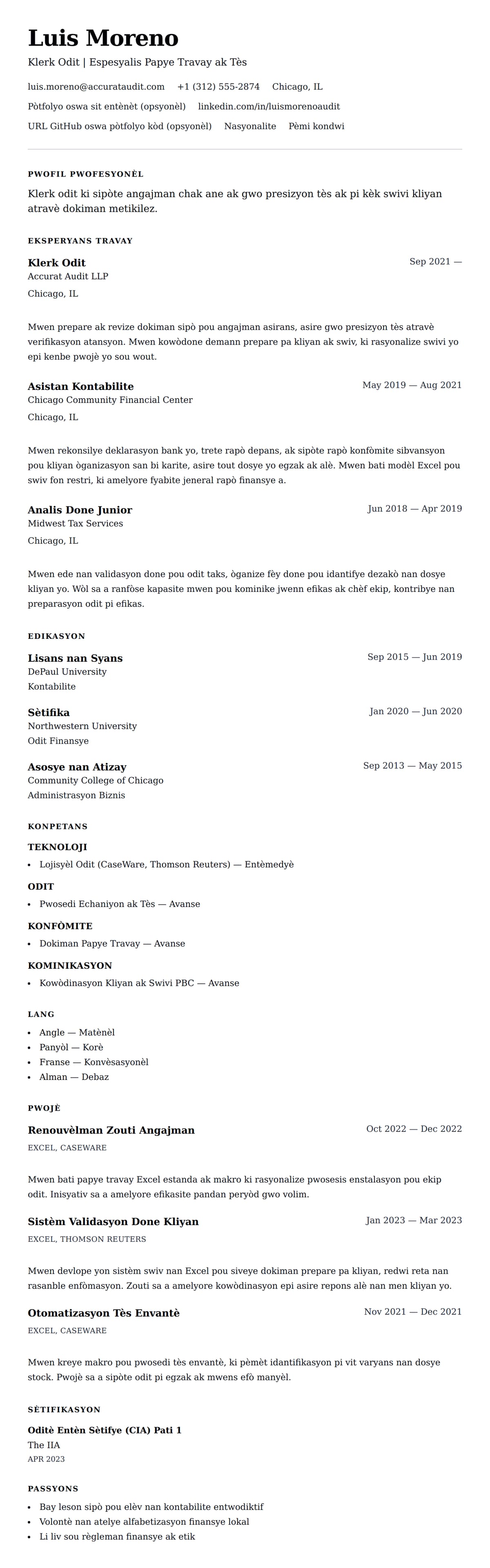 Premye gade rezime pou Egzanp Rezime pou Klerk Odit