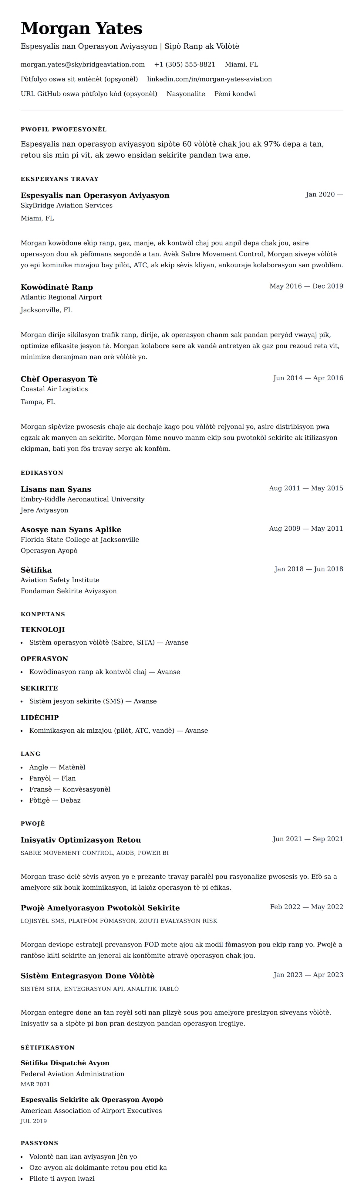 Premye gade rezime pou Egzanp Rezime pou Espesyalis nan Operasyon Aviyasyon