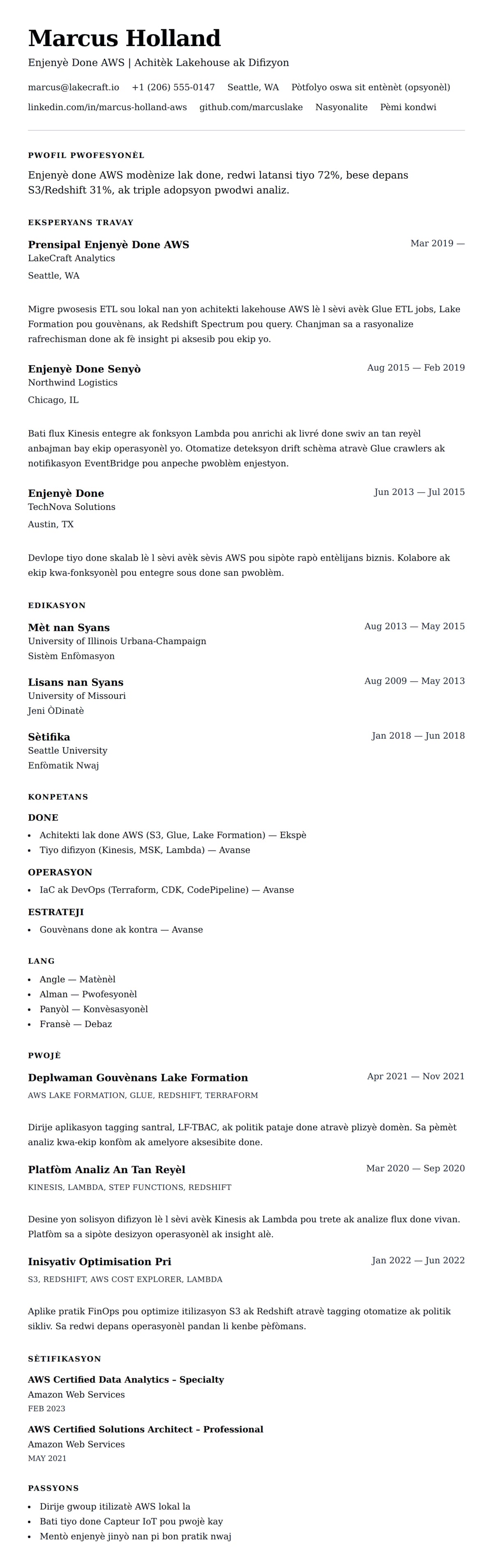 Premye gade rezime pou Egzanp Rezime Enjenyè Done AWS