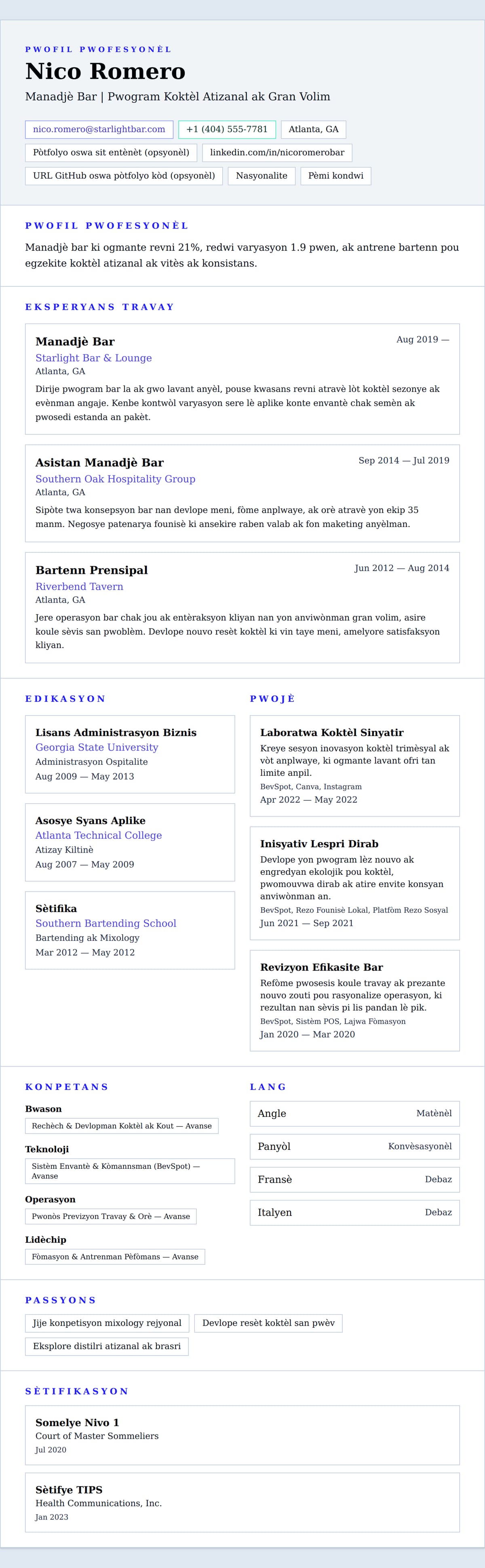 Premye gade rezime pou Egzanp Rezime Manadjè Bar