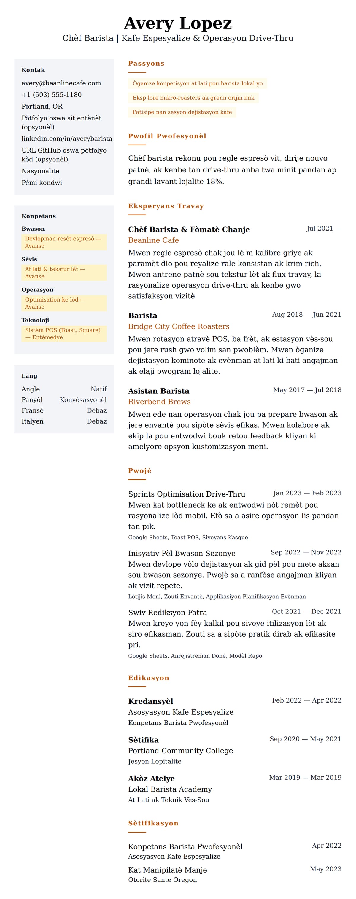 Premye gade rezime pou Egzanp Rezime Barista