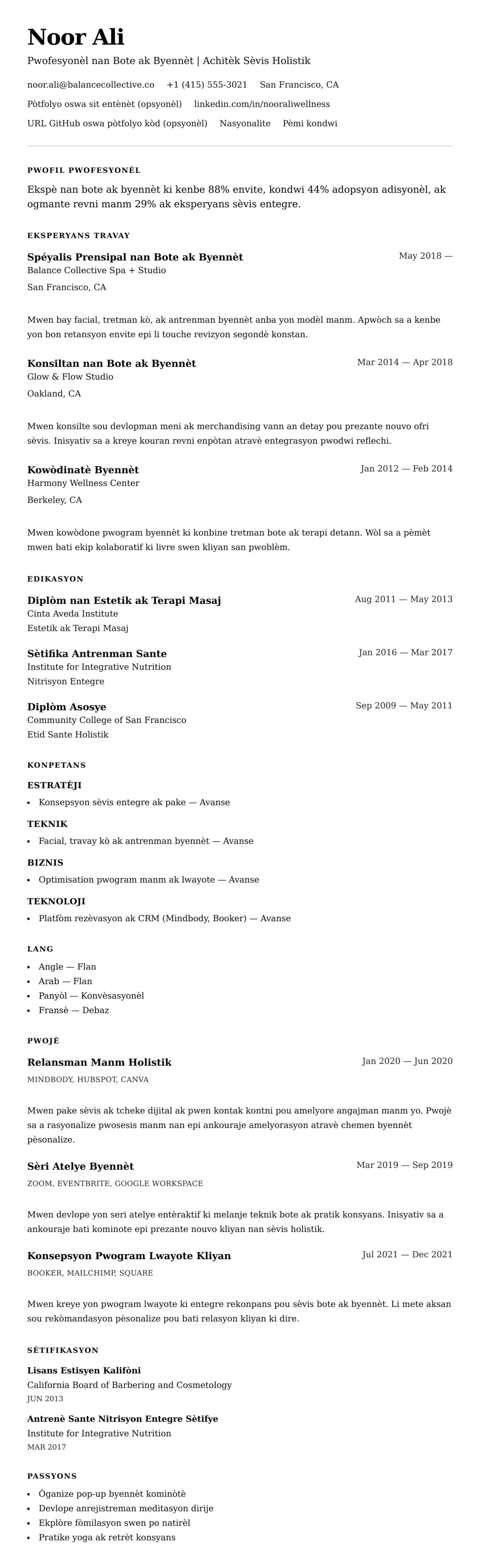 Premye gade rezime pou Egzanp Rezime pou Pwofesyonèl nan Bote ak Byennèt