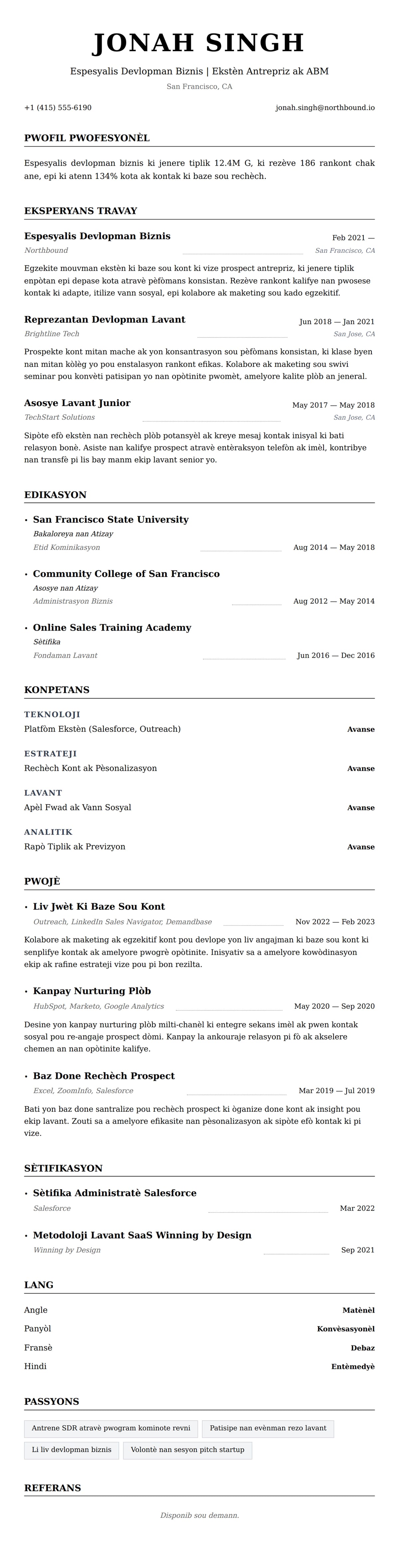 Premye gade rezime pou Egzanp Rezime Espesyalis Devlopman Biznis