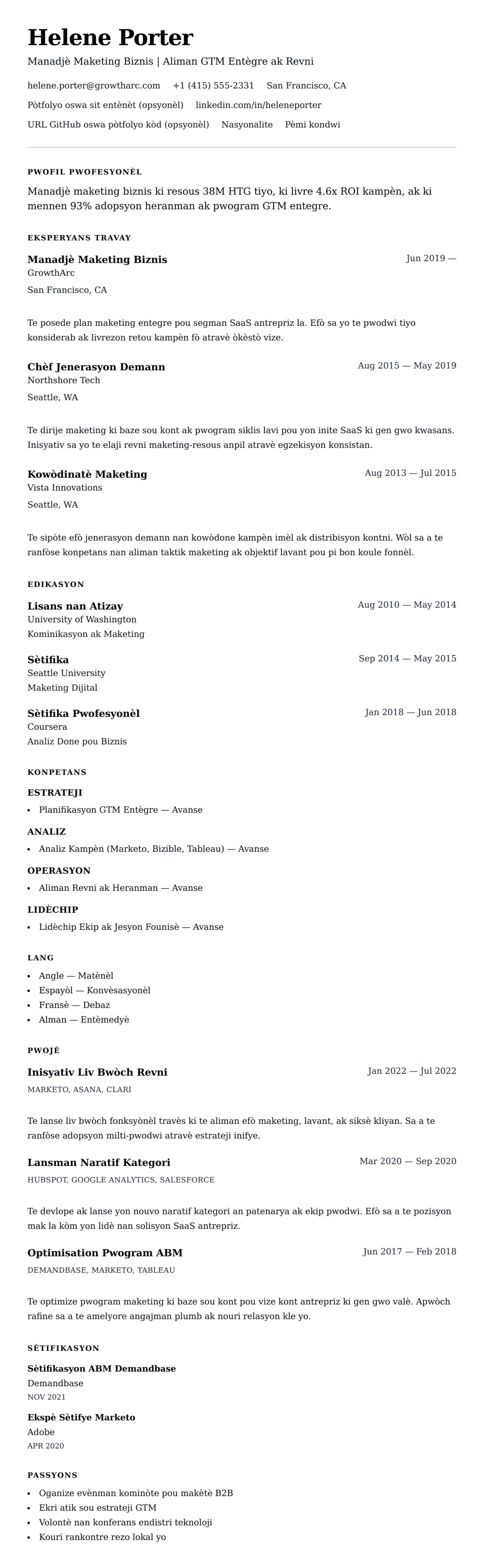 Premye gade rezime pou Egzanp Rezime pou Manadjè Maketing Biznis