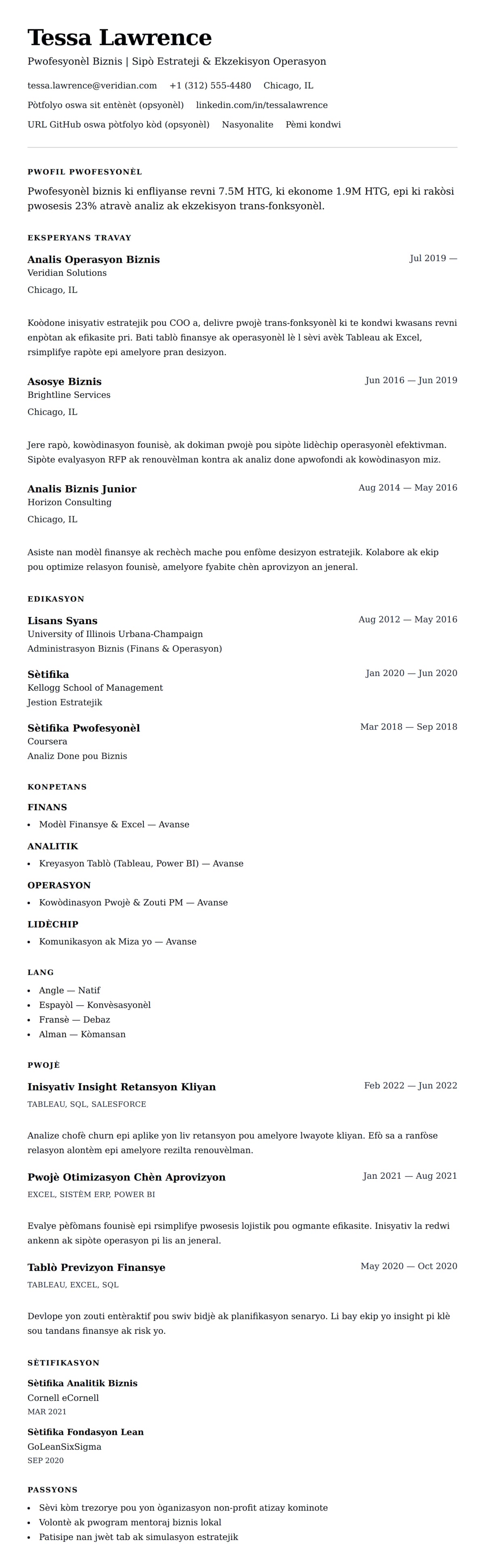 Premye gade rezime pou Egzanp Rezime Pwofesyonèl Biznis