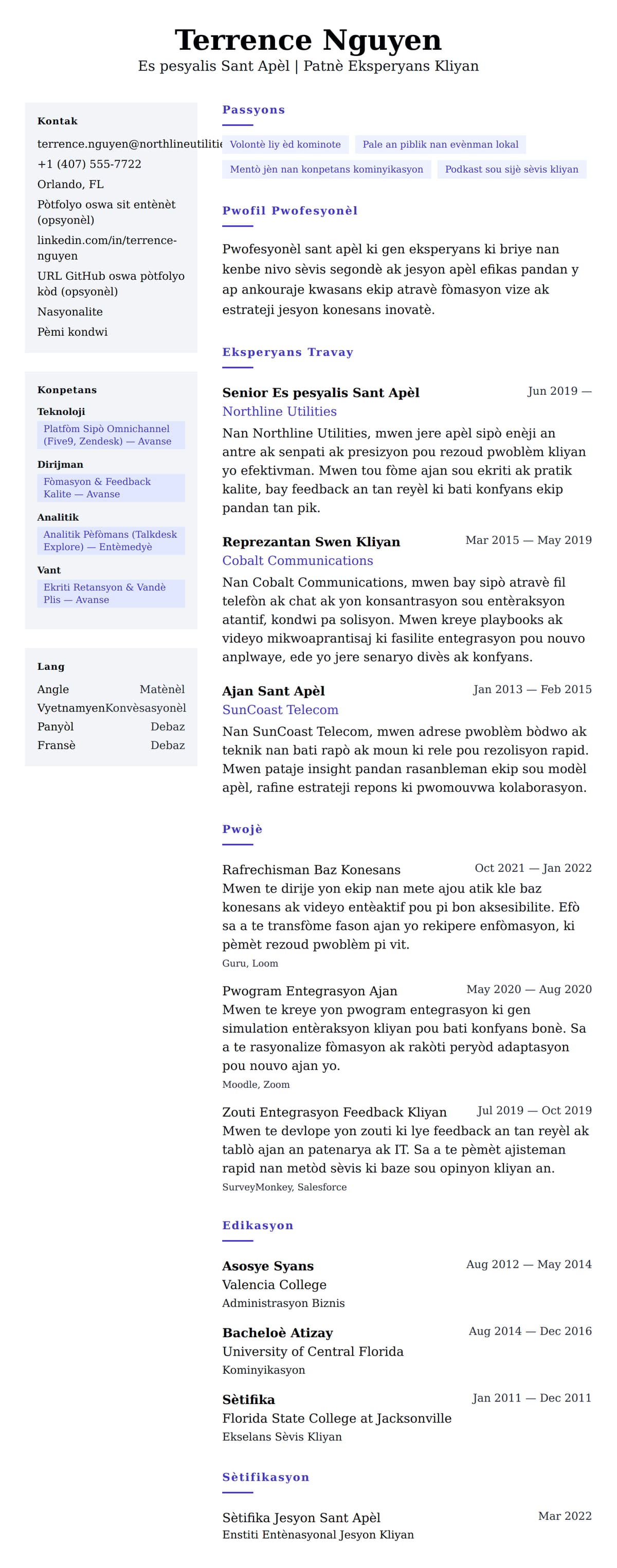 Egzanp Rezime Pwofesyonèl Sant Apèl