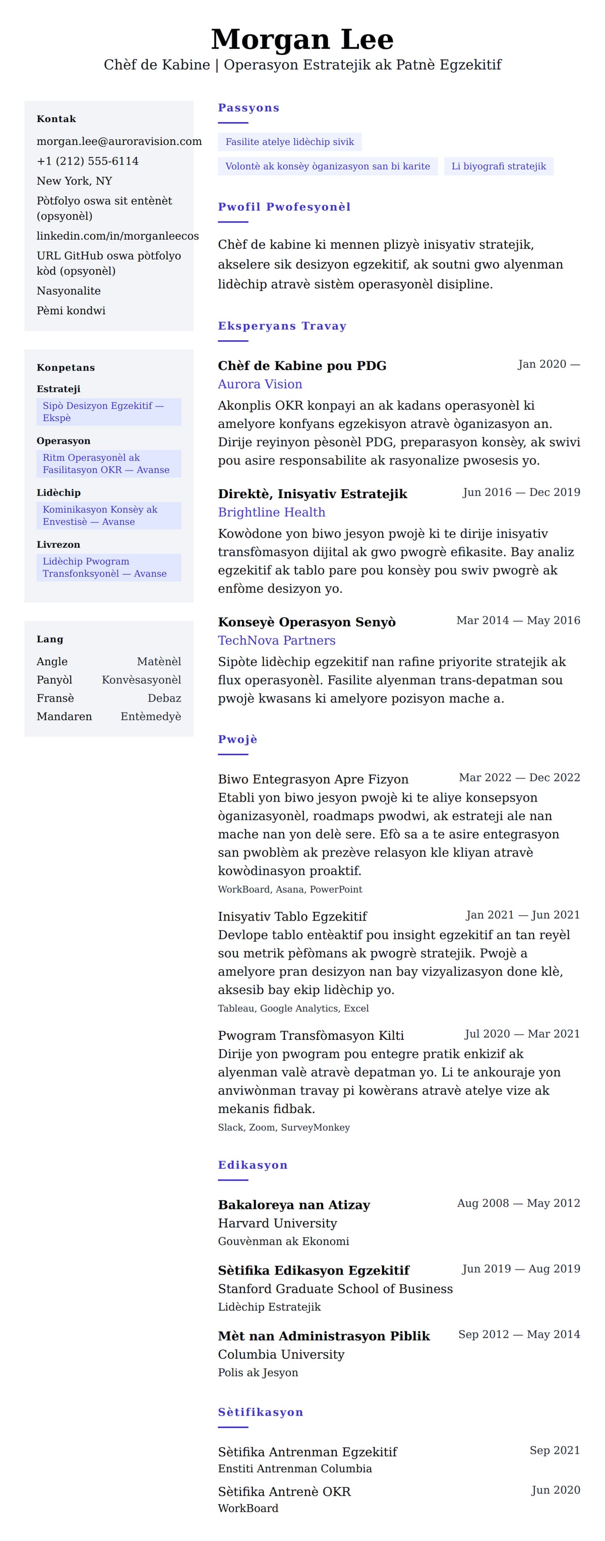 Premye gade rezime pou Egzanp Rezime pou Chèf de Kabine