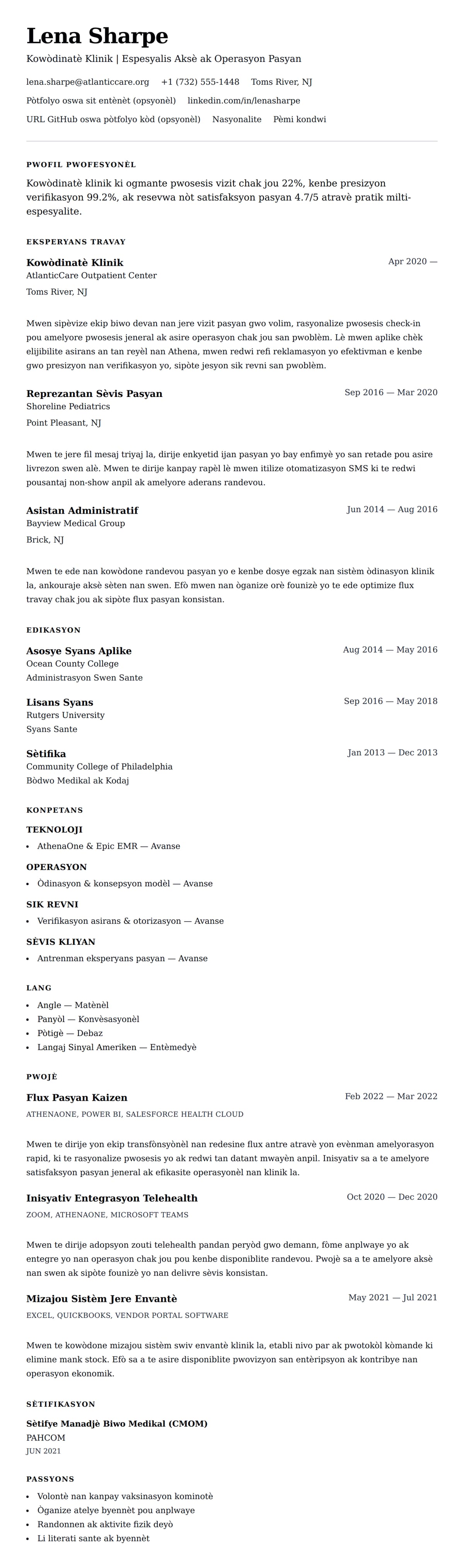 Premye gade rezime pou Egzanp Rezime Kowòdinatè Klinik