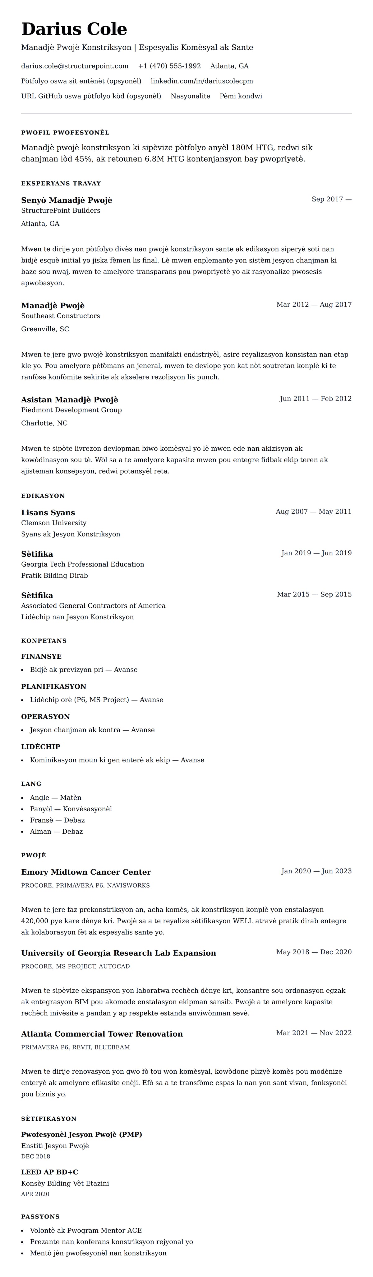 Premye gade rezime pou Egzanp Rezime pou Manadjè Pwojè Konstriksyon