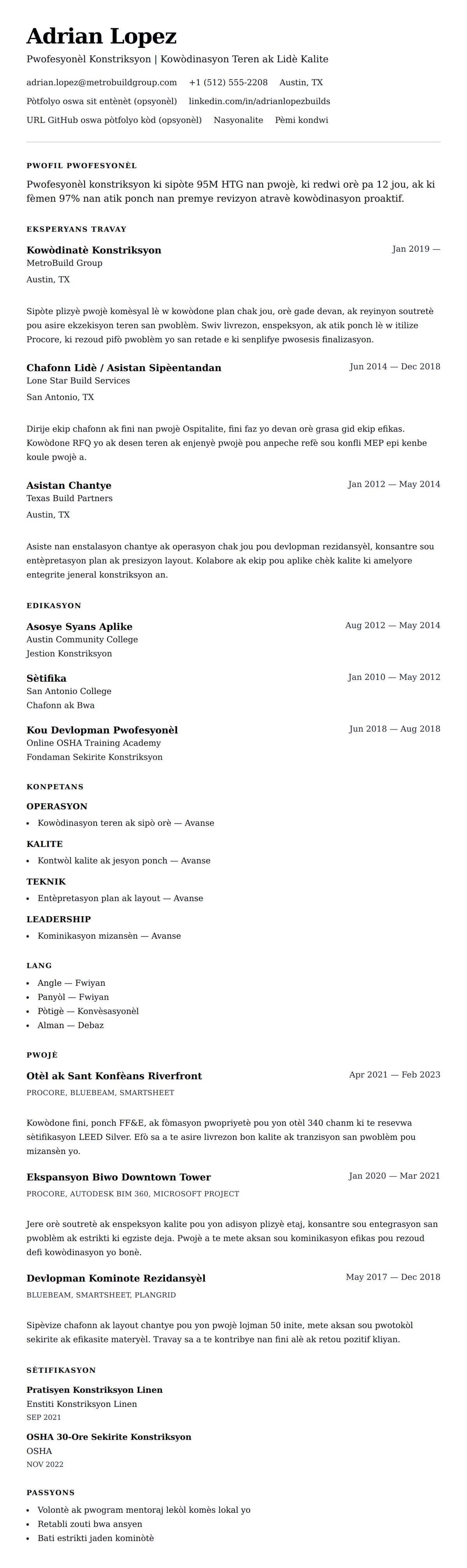 Premye gade rezime pou Egzanp Rezime Pwofesyonèl Konstriksyon