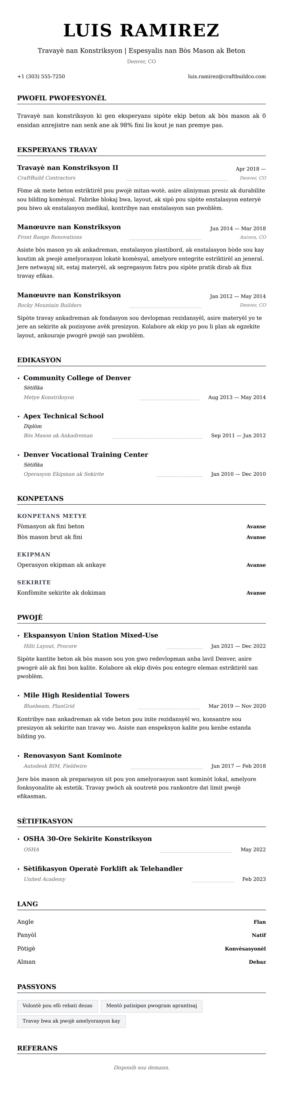 Premye gade rezime pou Egzanp Rezime pou Travayè nan Konstriksyon
