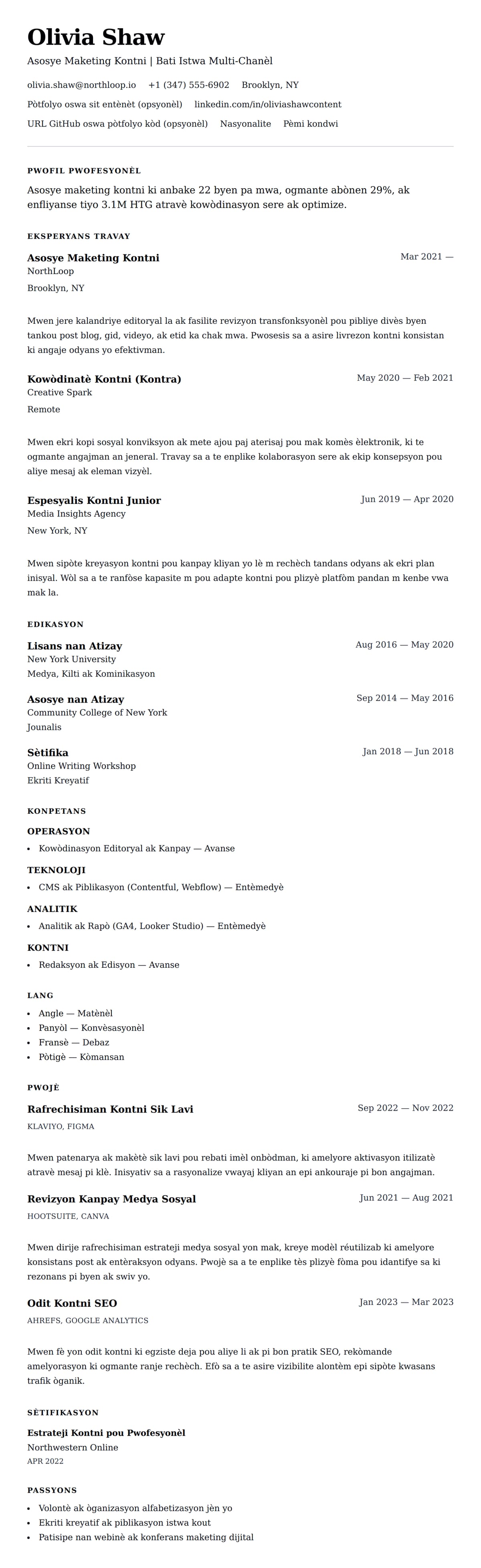 Premye gade rezime pou Egzanp Rezime Asosye Maketing Kontni