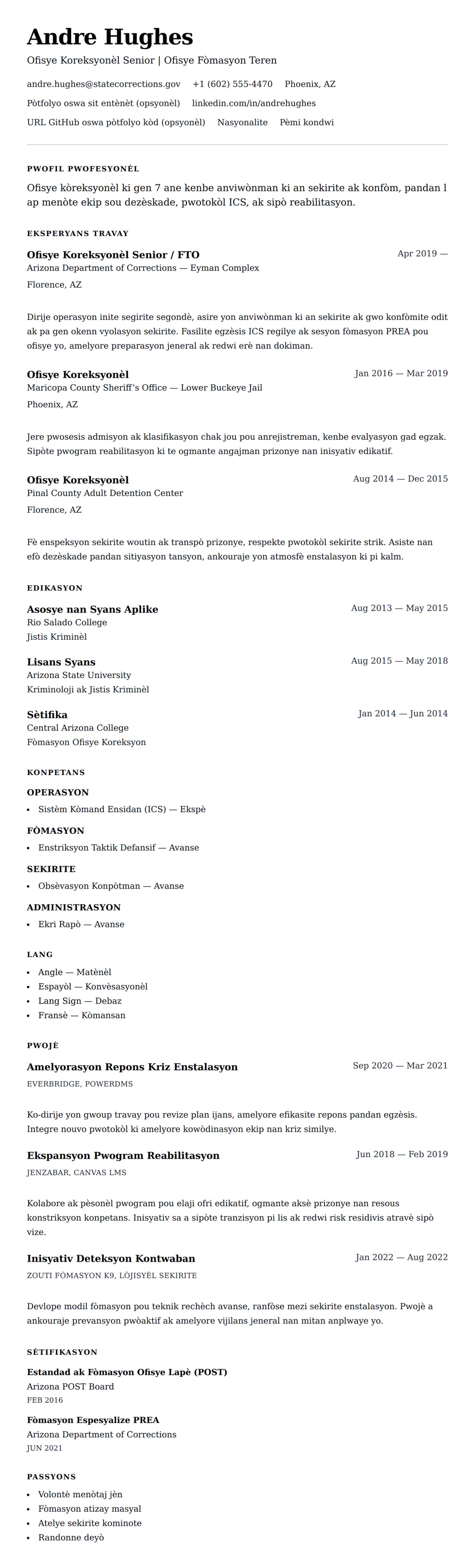 Premye gade rezime pou Egzanp Rezime Ofisye Koreksyonèl