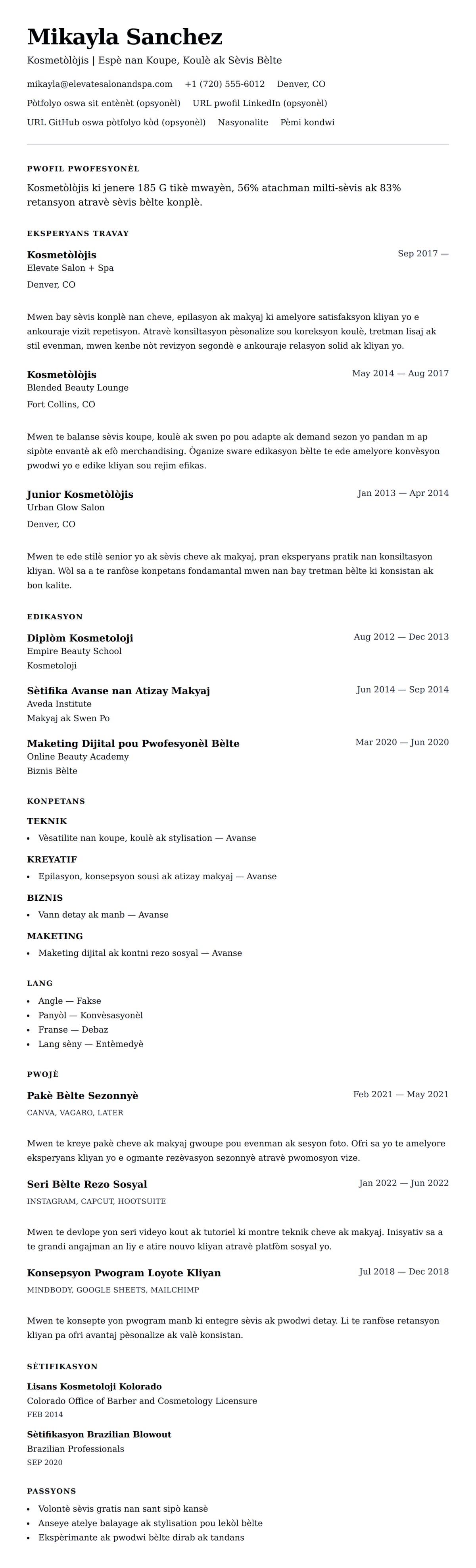 Premye gade rezime pou Egzanp Rezime pou Kosmetòlòjis