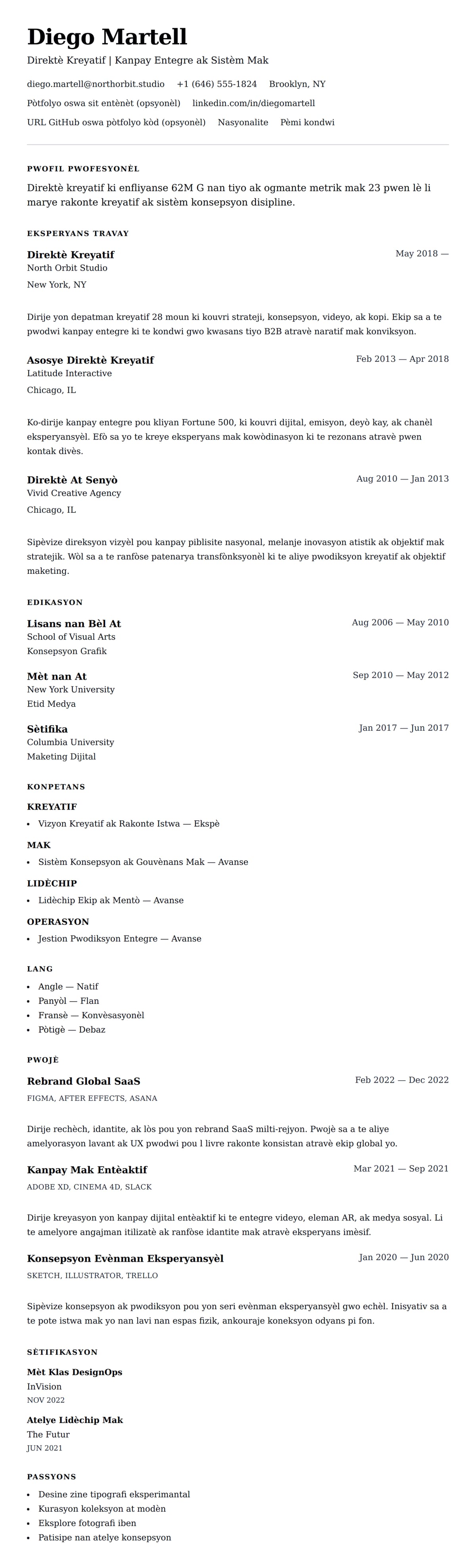 Premye gade rezime pou Egzanp Rezime Direktè Kreyatif