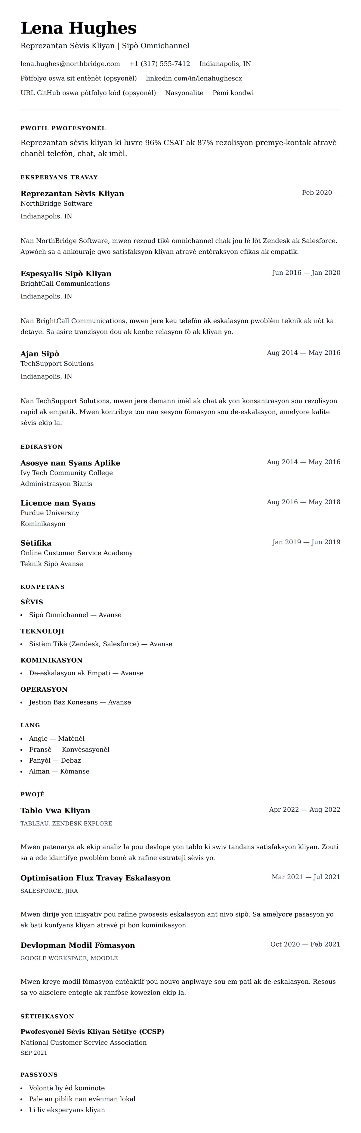 Premye gade rezime pou Egzanp Rezime pou Reprezantan Sèvis Kliyan