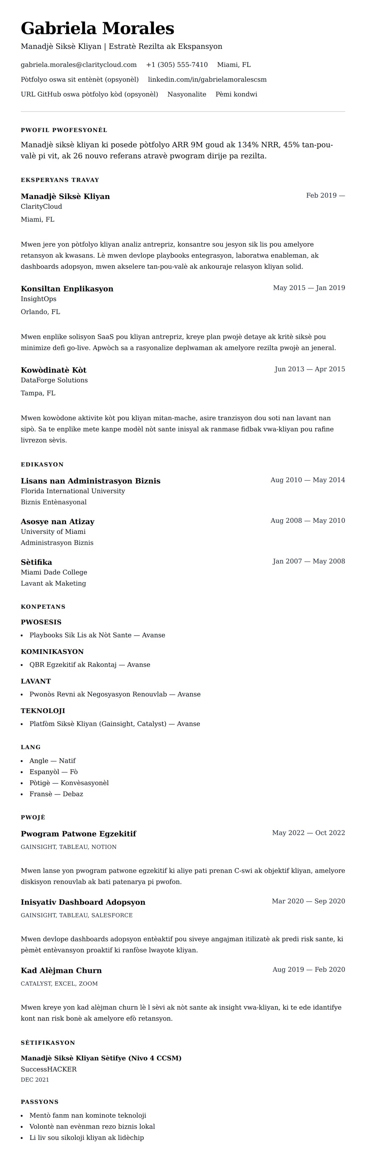 Premye gade rezime pou Egzanp Rezime pou Manadjè Siksè Kliyan