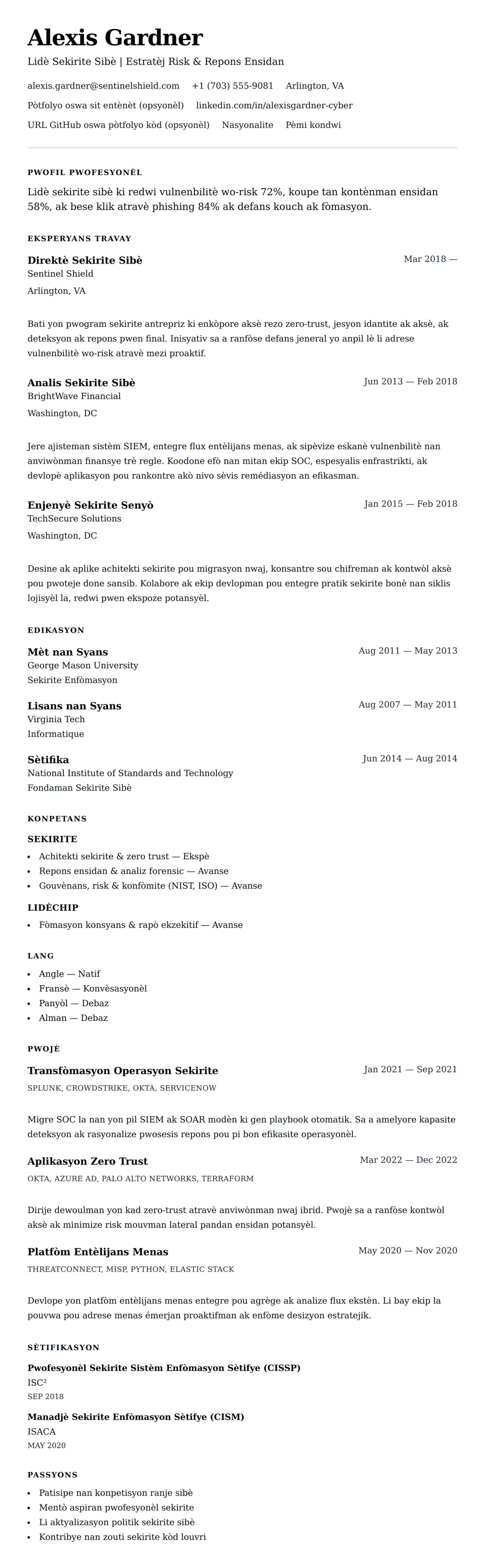 Premye gade rezime pou Egzanp Rezime Pwofesyonèl Sekirite Sibè
