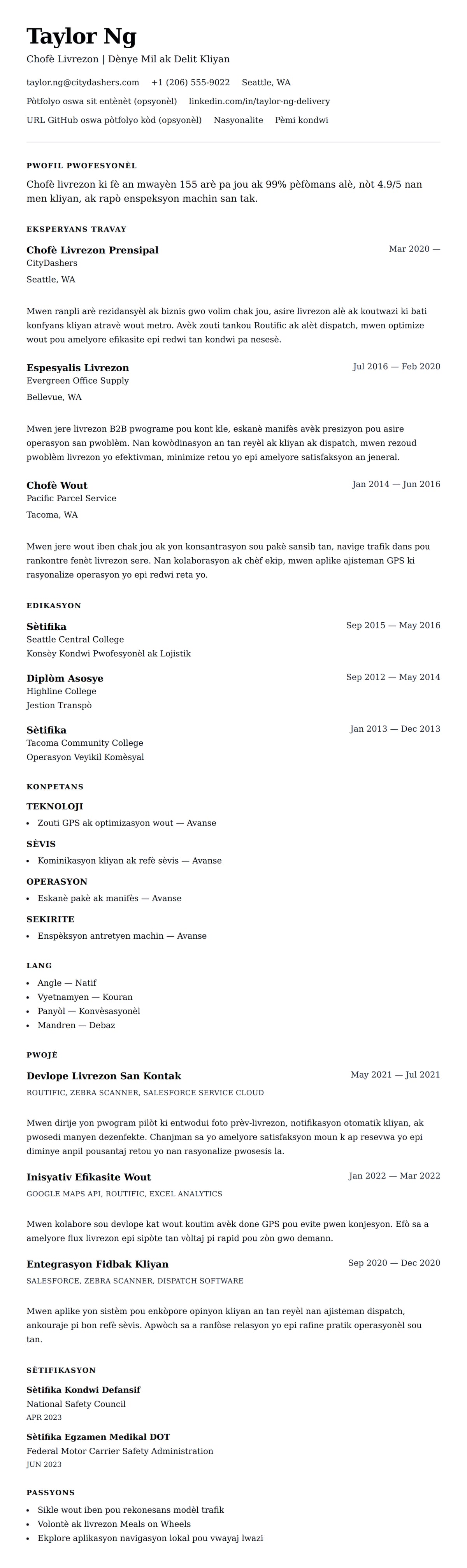 Premye gade rezime pou Egzanp Rezime pou Chofè Livrezon