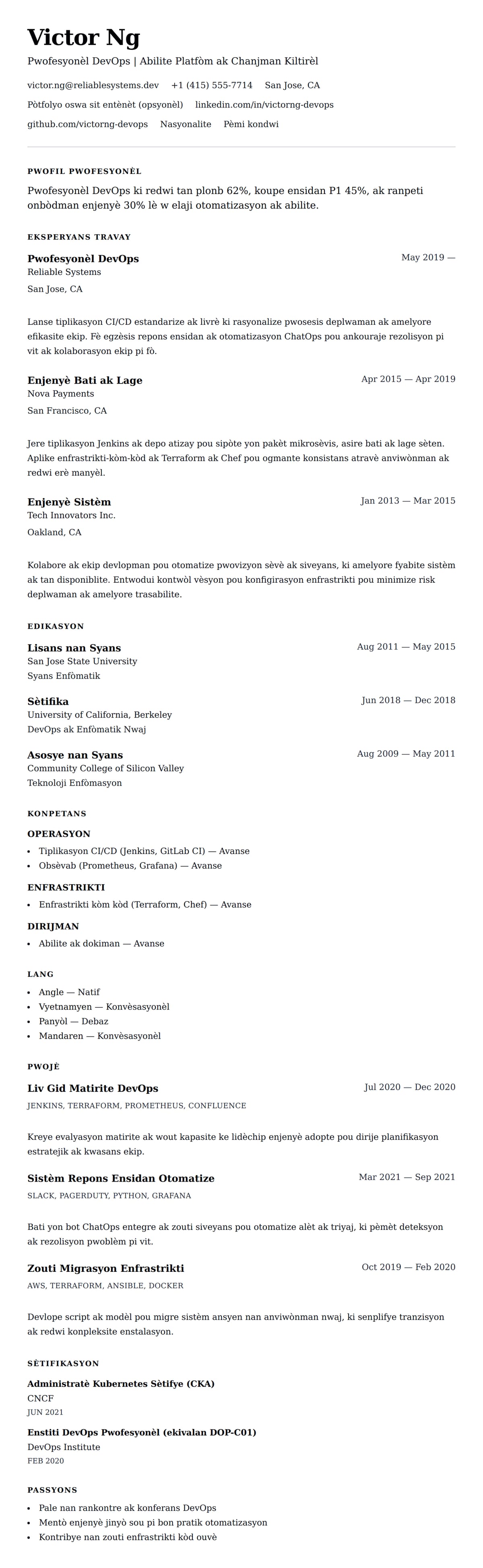 Premye gade rezime pou Egzanp Rezime Pwofesyonèl DevOps