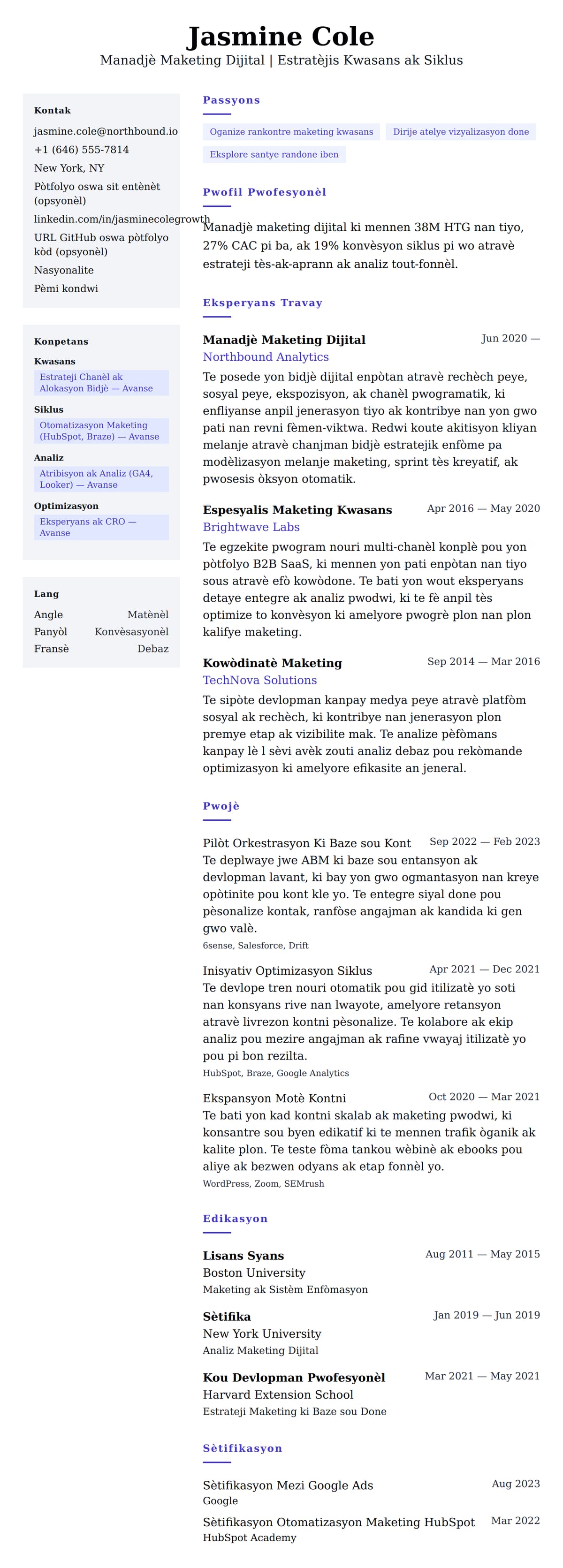 Premye gade rezime pou Egzanp Rezime pou Manadjè Maketing Dijital