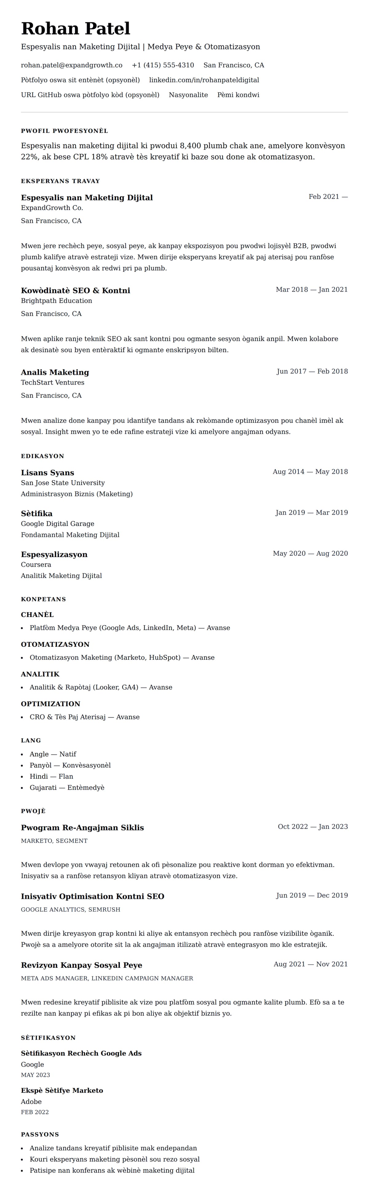 Premye gade rezime pou Egzanp Rezime pou Espesyalis nan Maketing Dijital