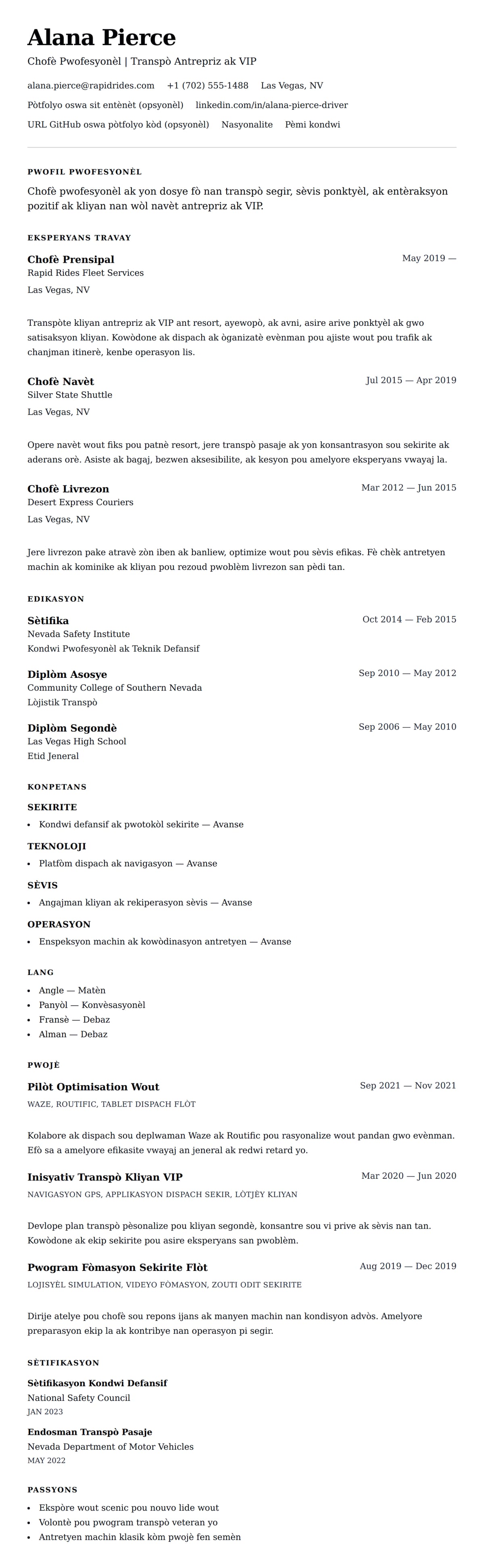 Premye gade rezime pou Egzanp Rezime pou Chofè