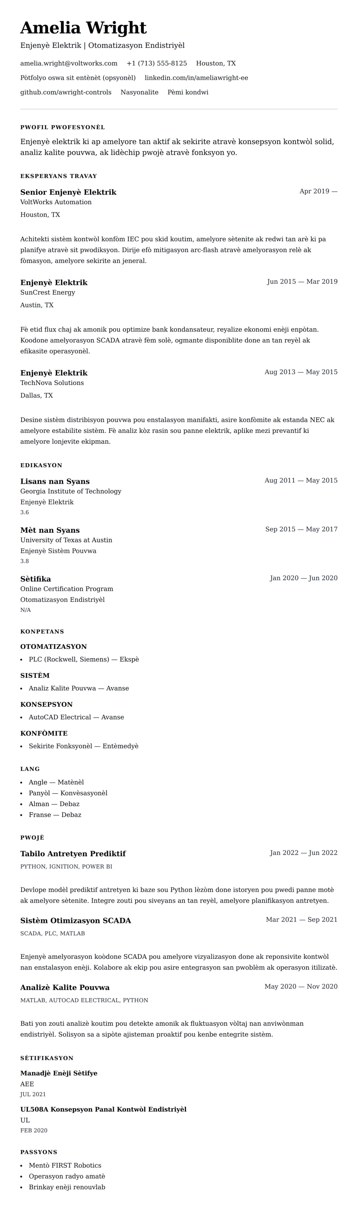 Premye gade rezime pou Egzanp Rezime Enjenyè Elektrik