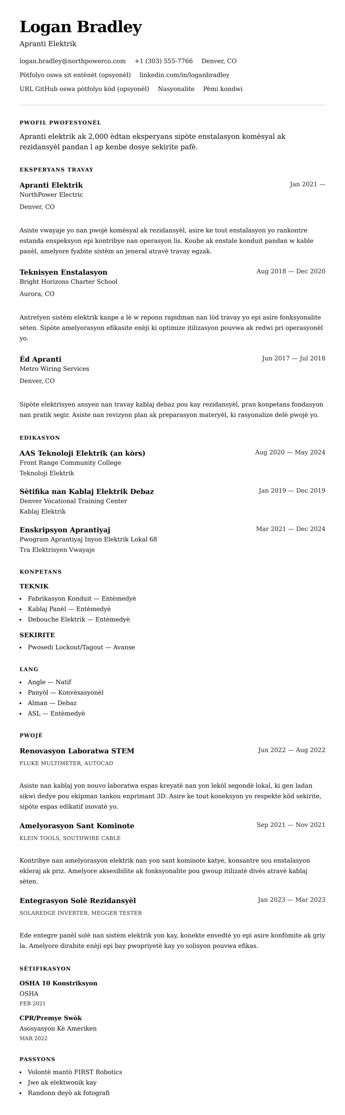 Premye gade rezime pou Egzanp Rezime pou Apranti Elektrisyen