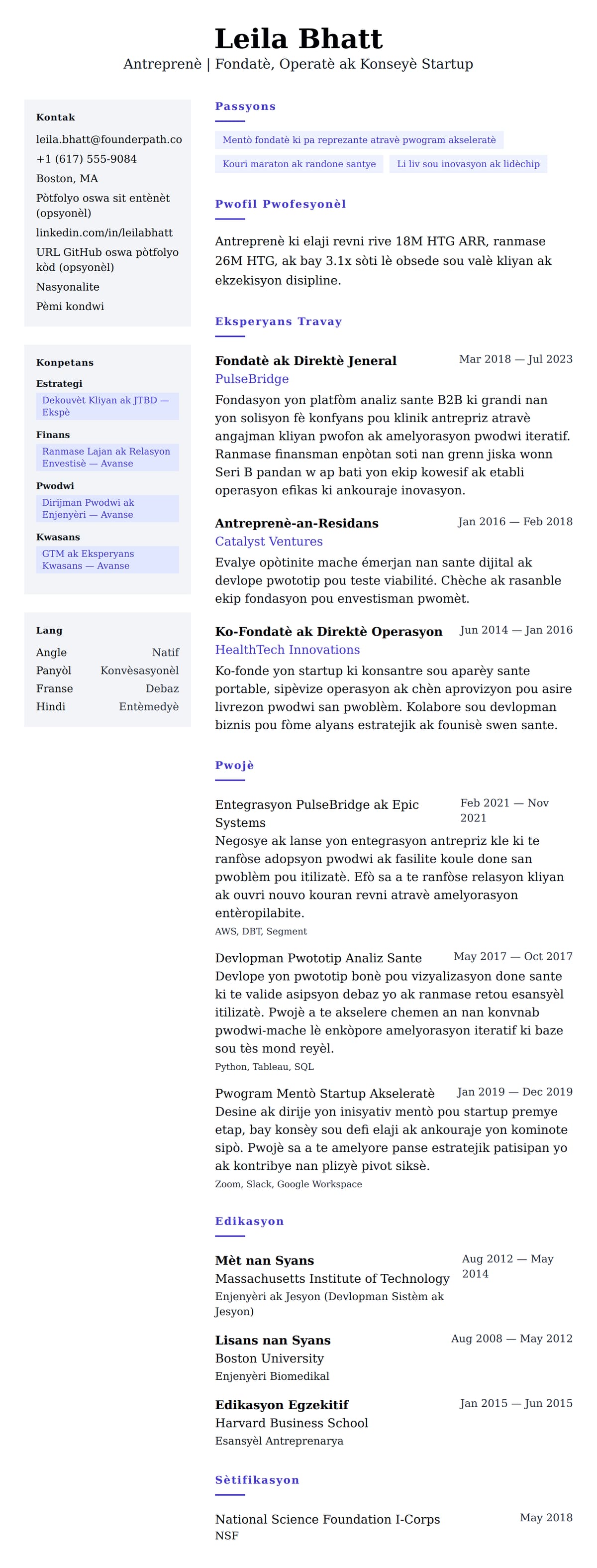 Premye gade rezime pou Egzanp Rezime Antreprenè