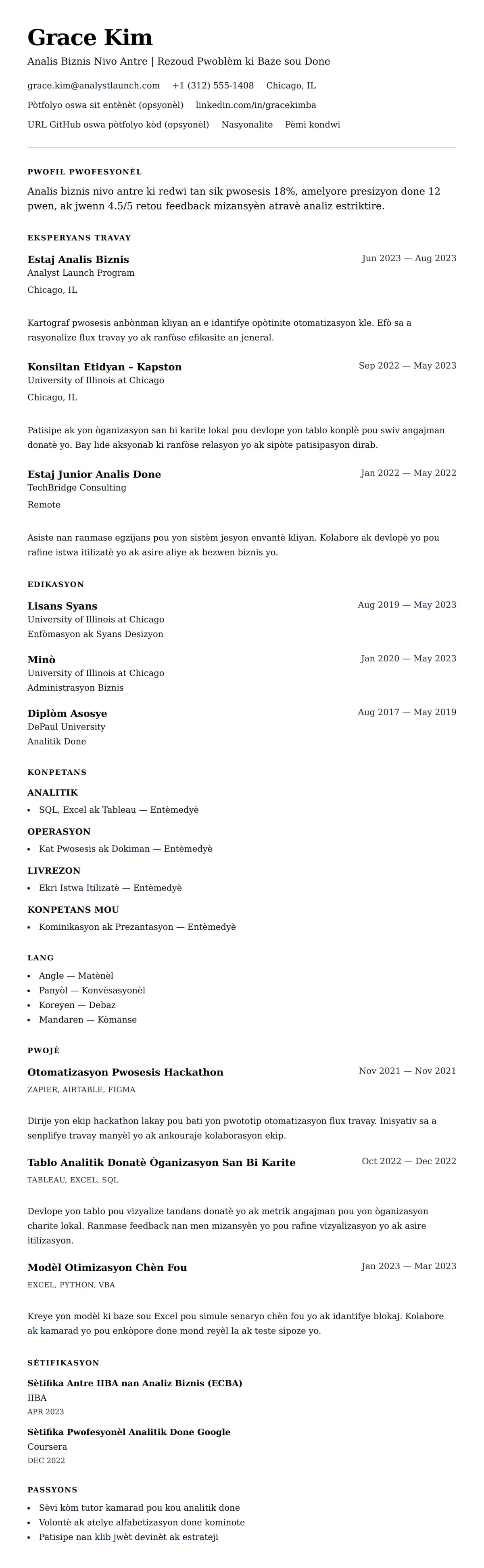 Premye gade rezime pou Egzanp Rezime pou Analis Biznis Nivo Antre